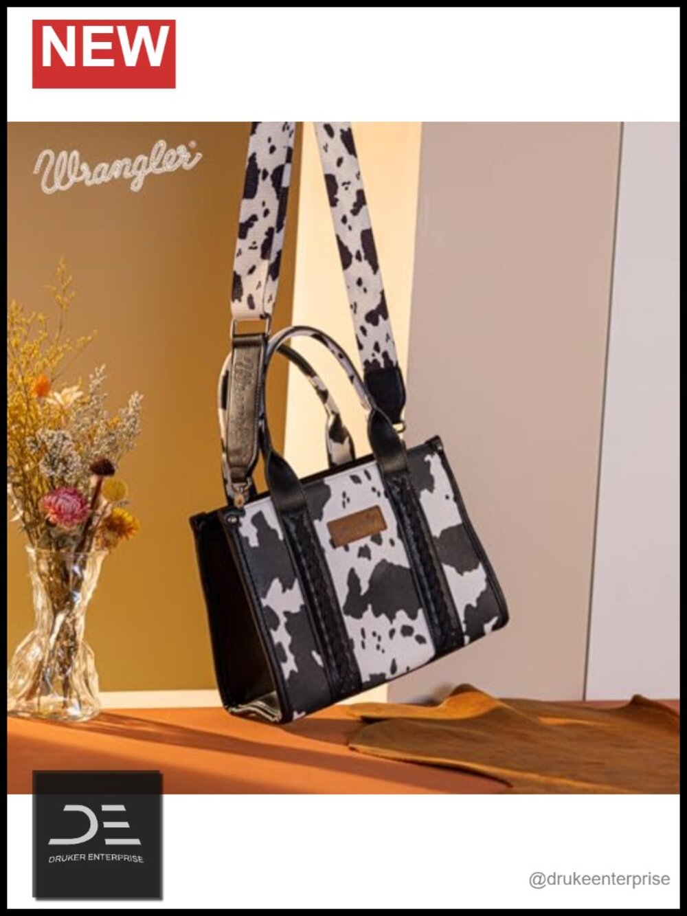 Western Cow Print Tote Bag with Faux Leather Whipstitch Accents - Picture 4 of 6